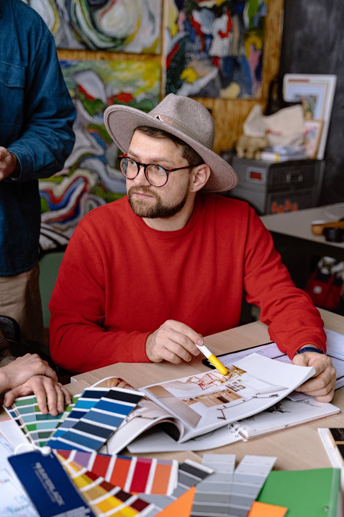 A thoughtful designer in a red sweater reviews color swatches for a project in a vibrant workshop setting.
